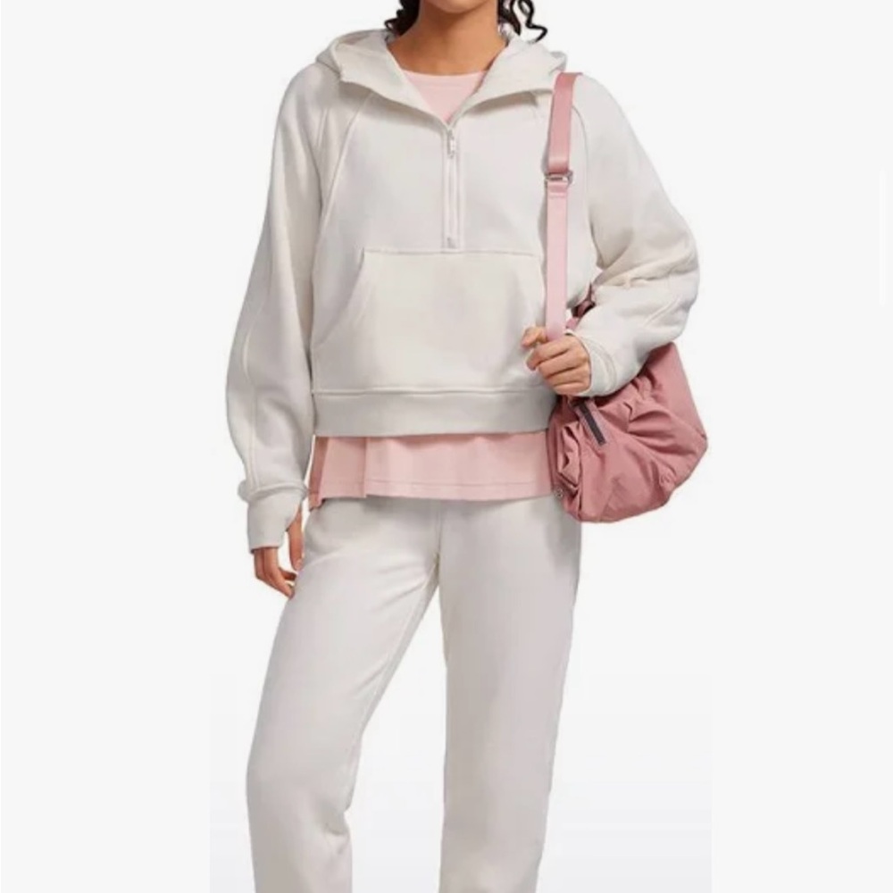 CRZ YOGA Women's Cream Half-Zip Hoodie with Pink Layer & Pink Bag